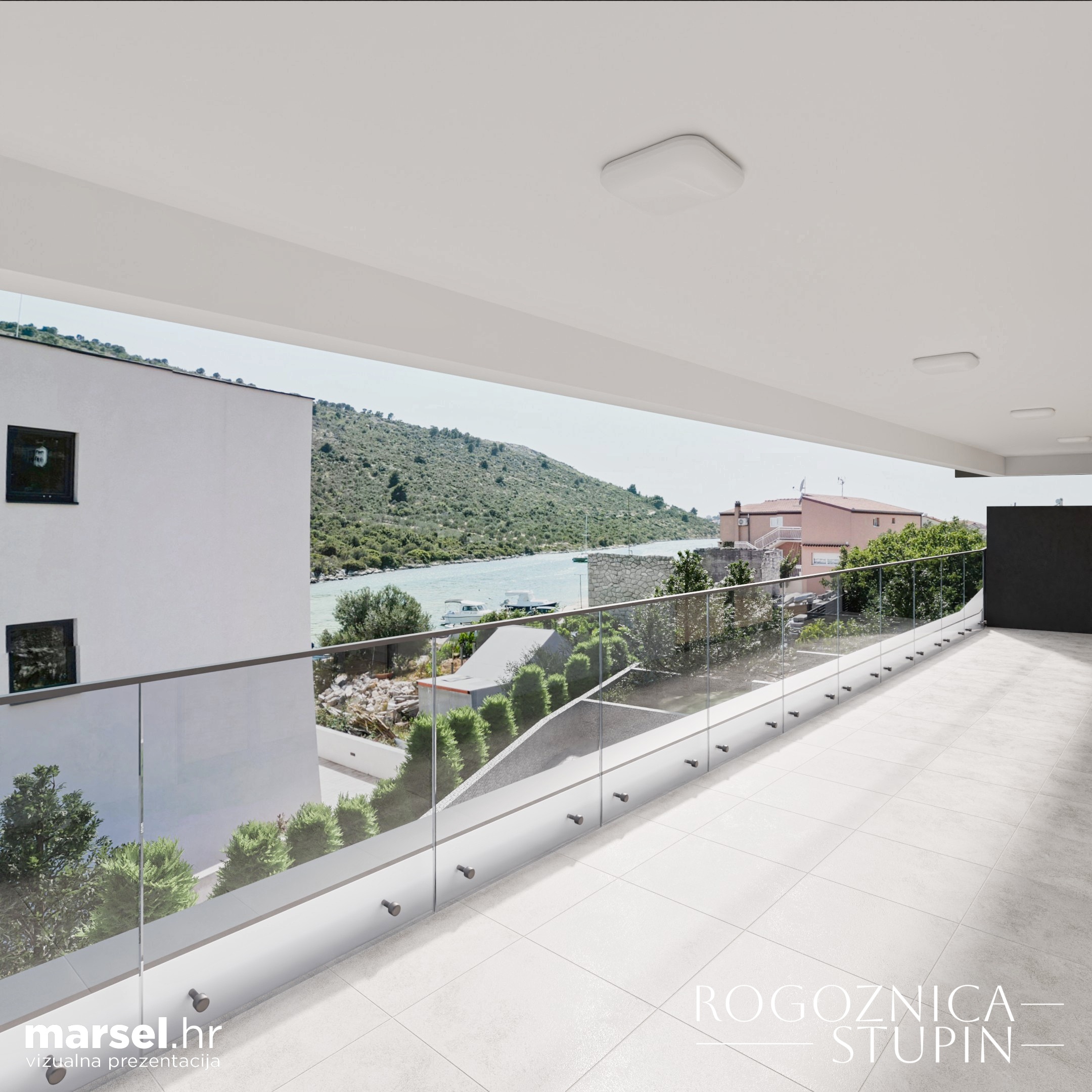 Vizualizacija interijera apartmana u novogradnji Rogoznica Stupin. Prostrani i svijetli unutarnji prostori s pogledom na more, idealni za stanovanje ili investiranje u apartman na dalmatinskoj obali.